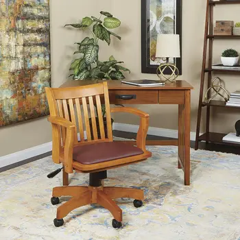Деревянный стул для банкира с мягким сиденьем, регулируемой высотой и фиксирующим наклоном, с отделкой из фруктового дерева и коричневого винила
