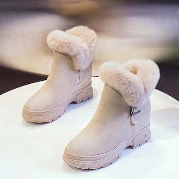 Зимняя обувь 2019, Теплые женские зимние ботинки на меху, Ботильоны из натуральной кожи, Женская обувь на скрытом каблуке, Женская зимняя обувь, зимние ботинки Изображение 2
