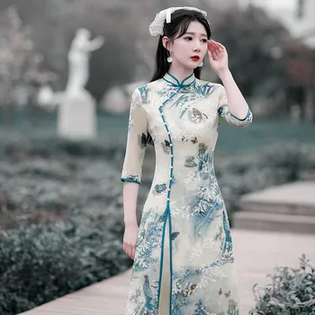 Китайский Винтажный бежевый Чонсам Улучшенное ретро Республиканское Элегантное Тонкое длинное платье Ципао Традиционная одежда для женщин