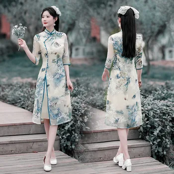 Китайский Винтажный бежевый Чонсам Улучшенное ретро Республиканское Элегантное Тонкое длинное платье Ципао Традиционная одежда для женщин Изображение 2