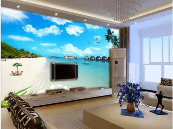 изготовленная на заказ фреска 3D фотообои голубое небо и белые облака пейзаж из кокосовой пальмы домашний декор крупногабаритные обои для стен 3d Изображение 2