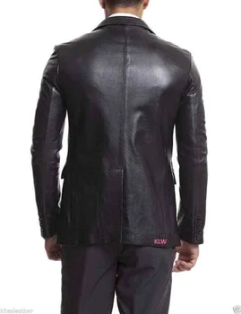 Мужской кожаный Блейзер, куртка на ДВУХ пуговицах, черное пальто из овчины Изображение 2