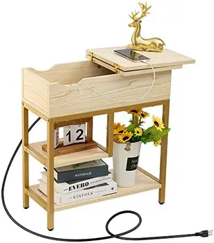 Столик с USB-портами и розетками, Узкий Приставной столик для дивана с полкой для хранения небольших принадлежностей, Прикроватный столик-Тумбочка с зарядным устройством