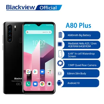 Blackview A80 Plus Смартфон Восьмиядерный Телефон 13MP Четырехъядерная камера 4 ГБ ОЗУ + 64 ГБ ПЗУ Батарея 4680 мАч Android 10 NFC 4G Мобильный Телефон