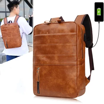 Винтажный мужской рюкзак с USB-зарядкой, деловой рюкзак из искусственной кожи, мужская сумка для ноутбука, повседневная студенческая школьная сумка для мальчиков