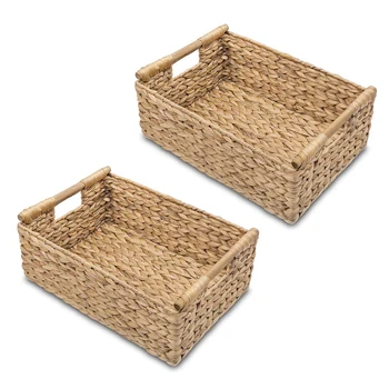 2 небольших плетеных корзины для организации ванной комнаты, Гиацинтовые корзины для хранения, Плетеная корзина для хранения с деревянной ручкой
