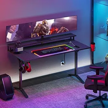 Рабочий стол 47 дюймов с RGB ковриком для мыши и розеткой питания, стол для геймеров с поверхностью из углеродного волокна и подставкой для монитора, эргономичный стол для геймеров Y-образной формы